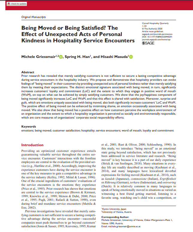 Being Moved or Being Satisfied? The Effect of Unexpected Acts of Personal Kindness in Hospitality Service Encounters