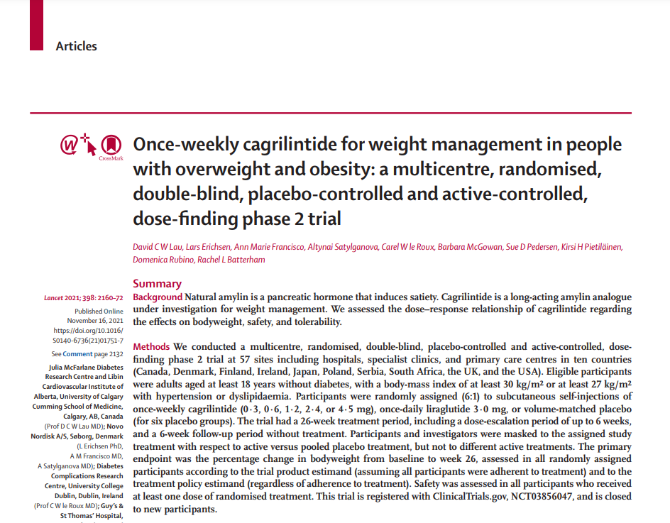 Once-weekly cagrilintide for weight management in people with overweight and obesity: a multicentre, randomised, double-blind, placebo-controlled and active-controlled, dose-finding phase 2 trial